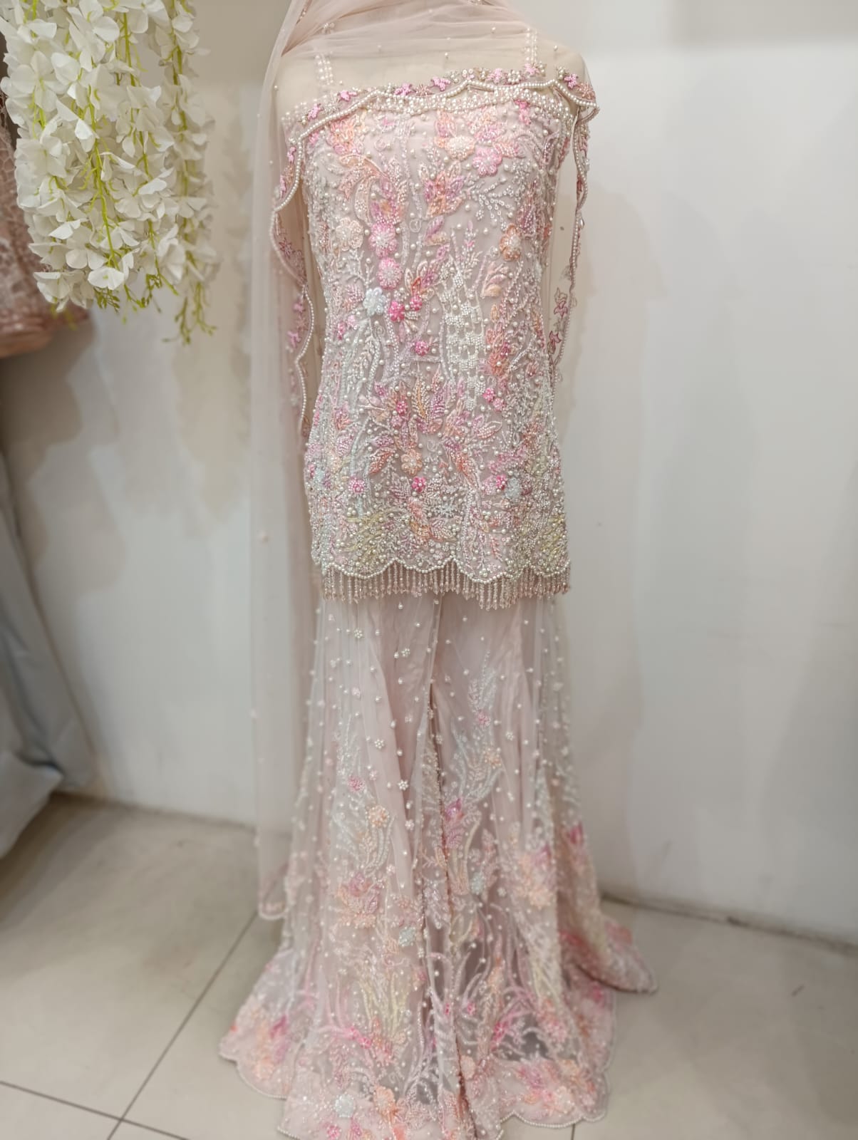 Blush pink heavily beaded formal sharara with pearl fringe